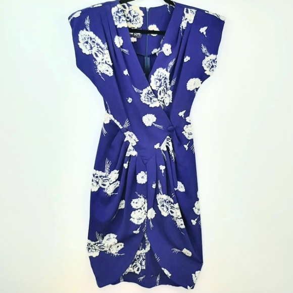 Vintage April Rain Blue Hawaiian Floral Drape Dress Knee Length Size 3 Pin-Up - Picture 1 of 12
